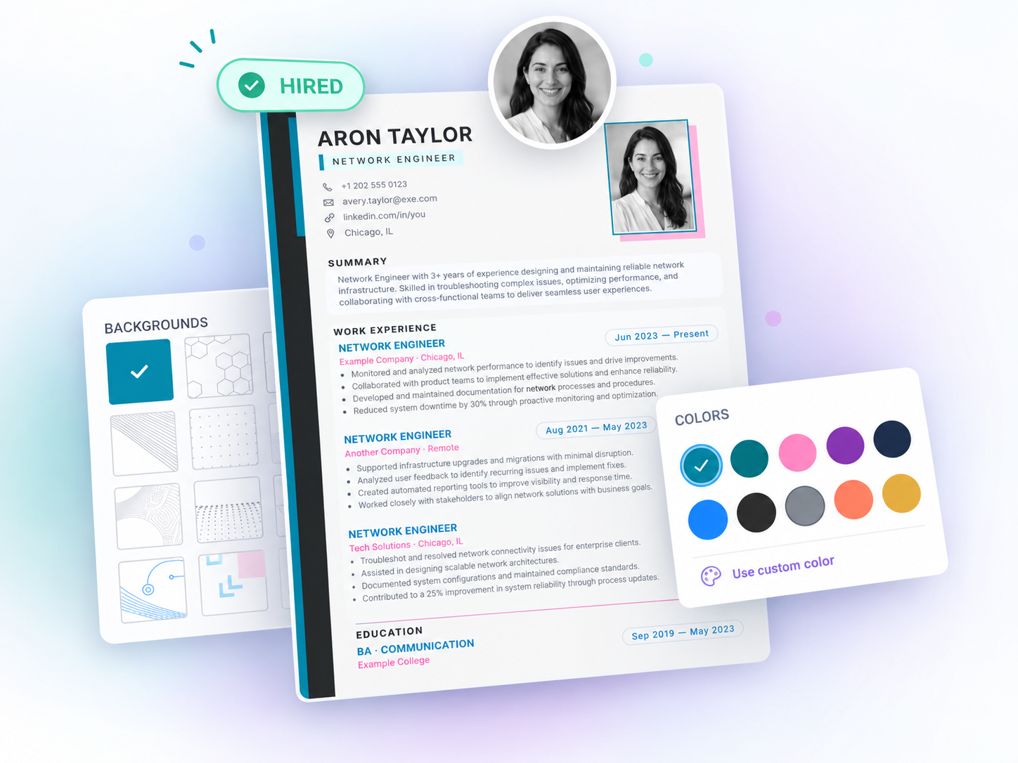 Resumeva resume builder showing a network engineer resume with background and color controls
