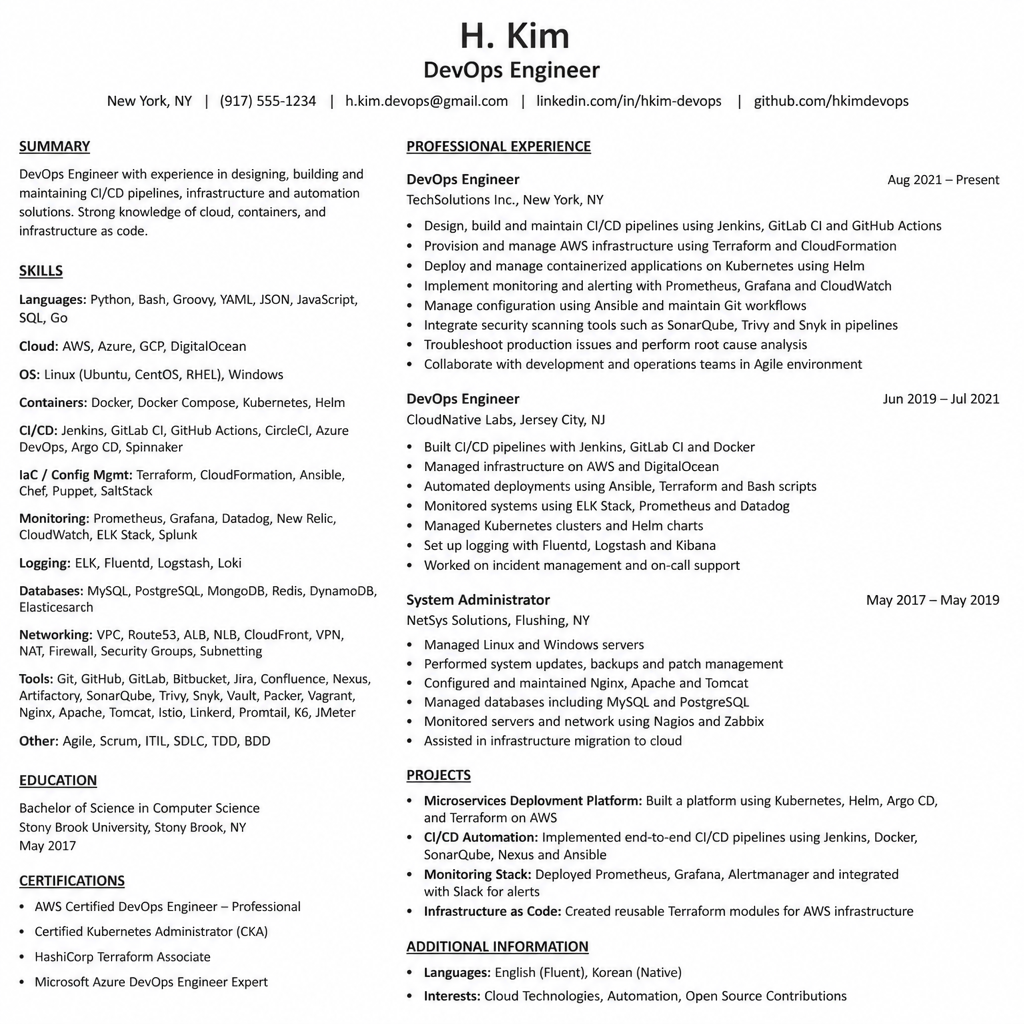 DevOps Engineer resume before