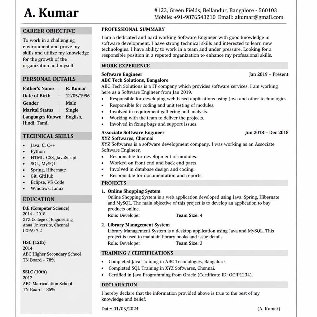Software Engineer resume before