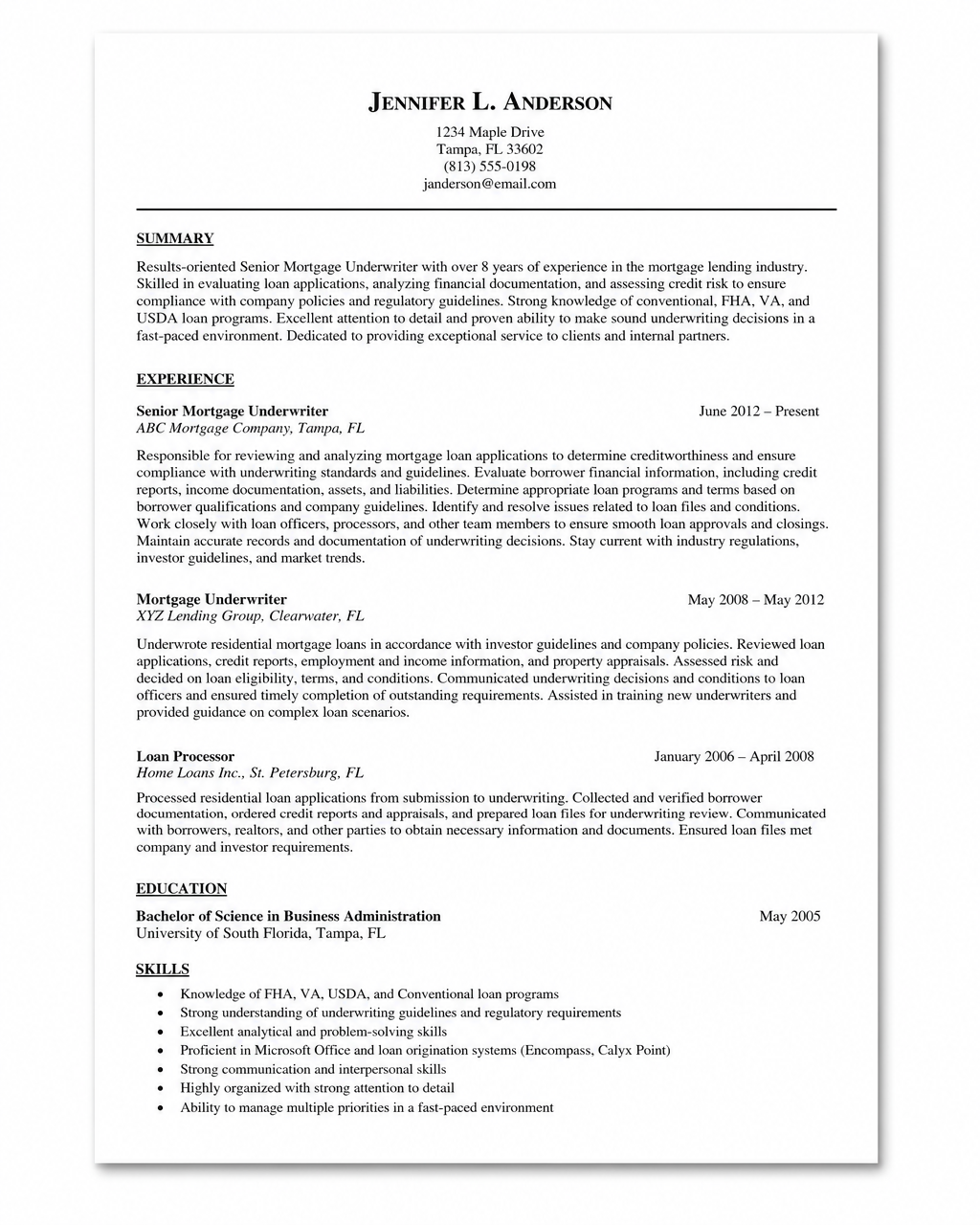 SENIOR MORTGAGE UNDERWRITER resume before