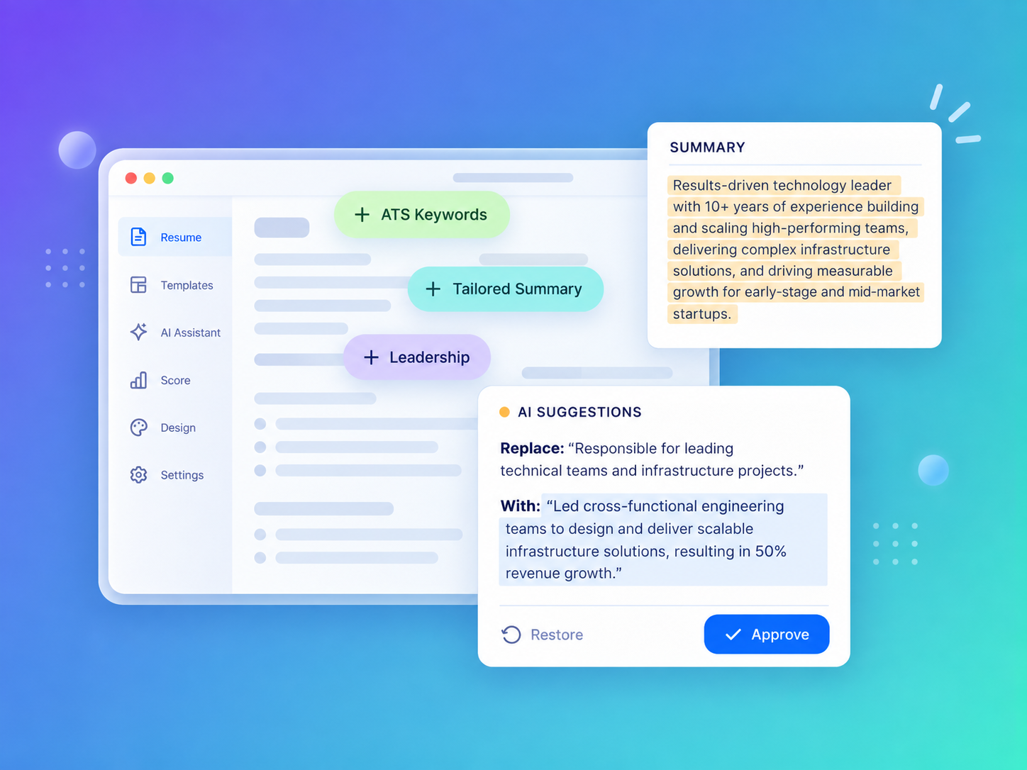 Resumeva AI assistant suggesting ATS keywords, tailored summary, and leadership improvements