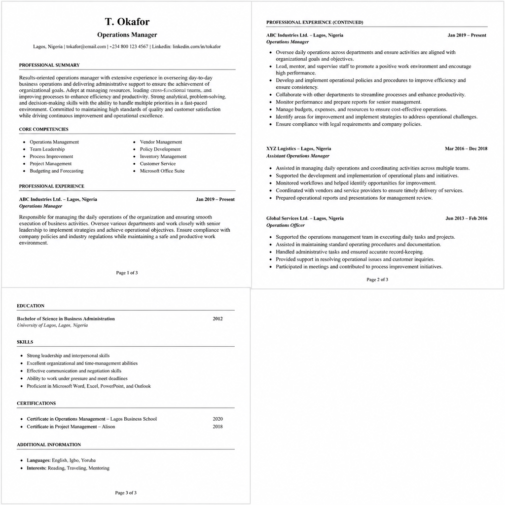 Operations Manager resume before