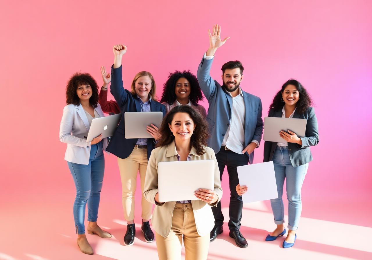 Diverse group of professionals celebrating new jobs