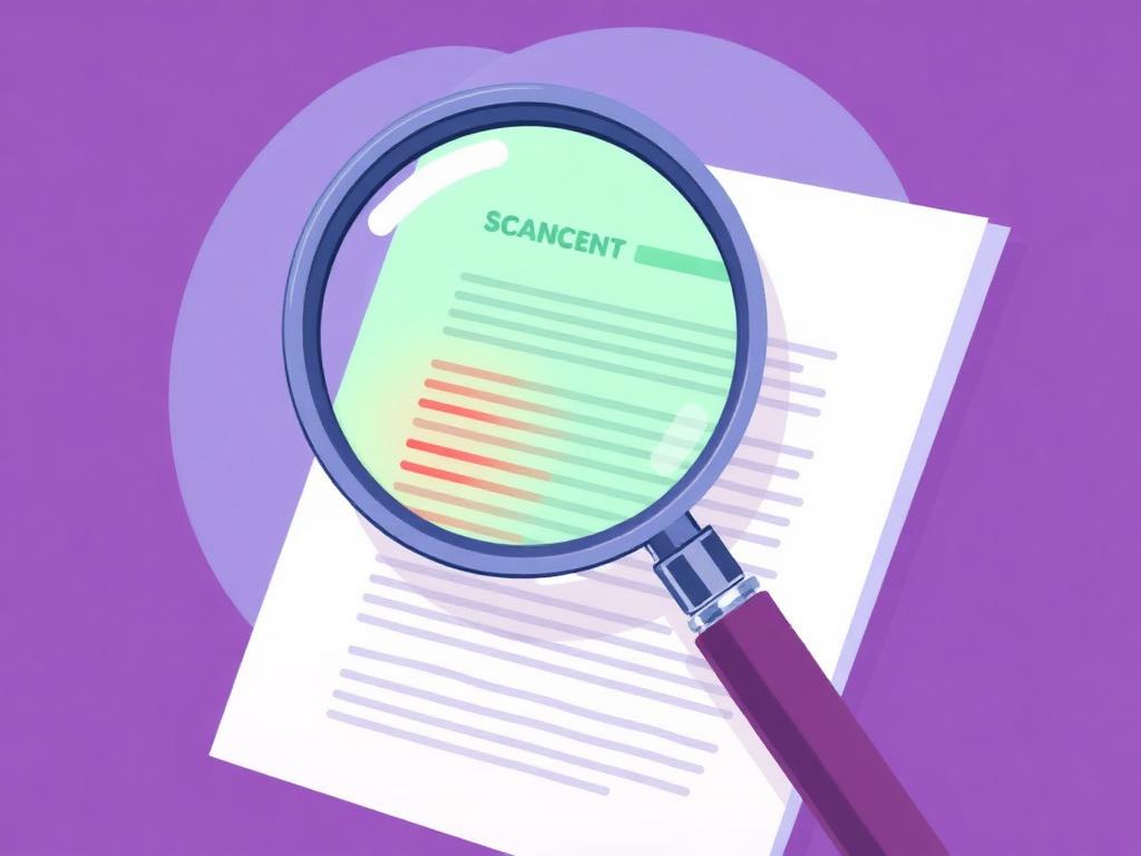 A magnifying glass scanning a document with highlighted issues