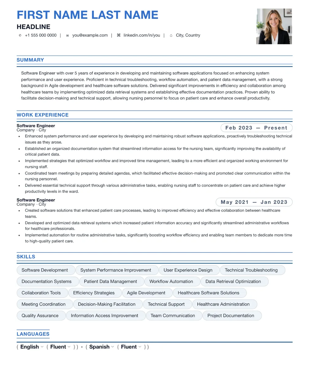 Software Engineer fictional resume example resume template preview
